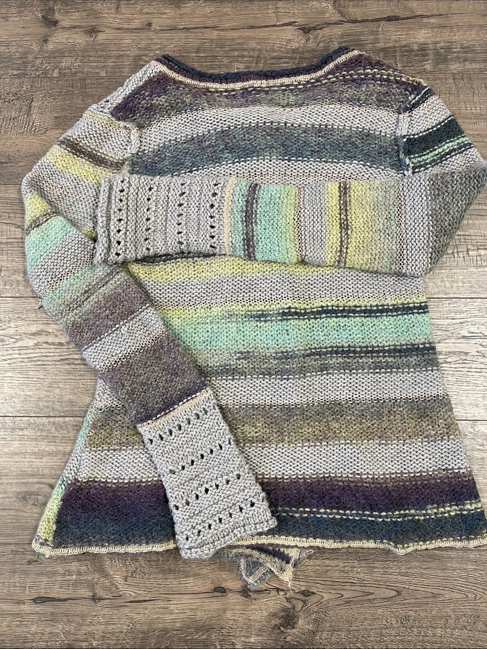 BKE Multicolor Striped Crochet Cardigan in Gray, Green, Blue, Purple - Picture 3 of 3
